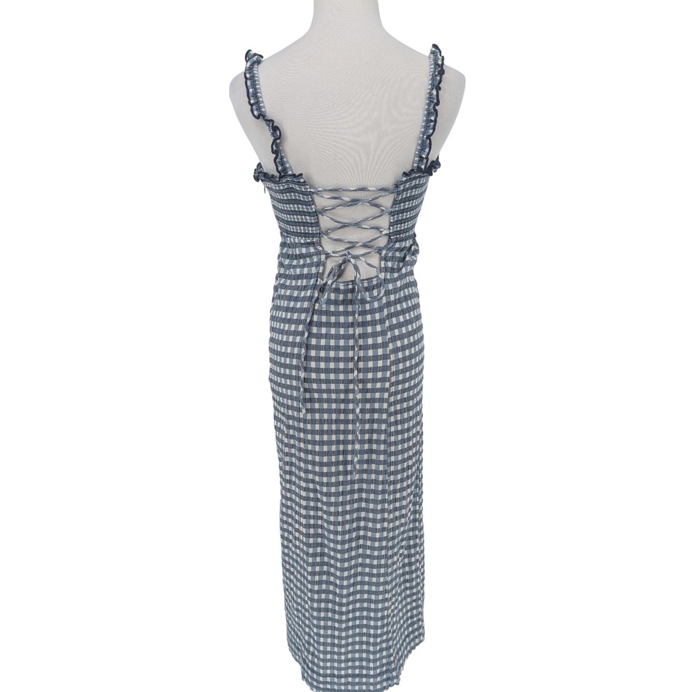 Free People Lucinda Gingham Corset Midi Dress M Blue White Smocked Cottage Boho - Picture 3 of 16